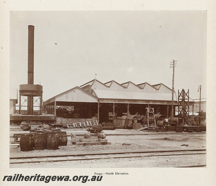 P13417
61 of 67 views taken from an album of photos of the Midland Workshops c1905. Forge, - North Elevation.
