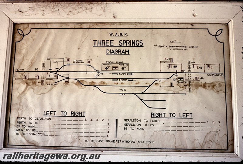 P13438
Signalling diagram, Three Springs, MR line, diagram dated 1st September 1972
