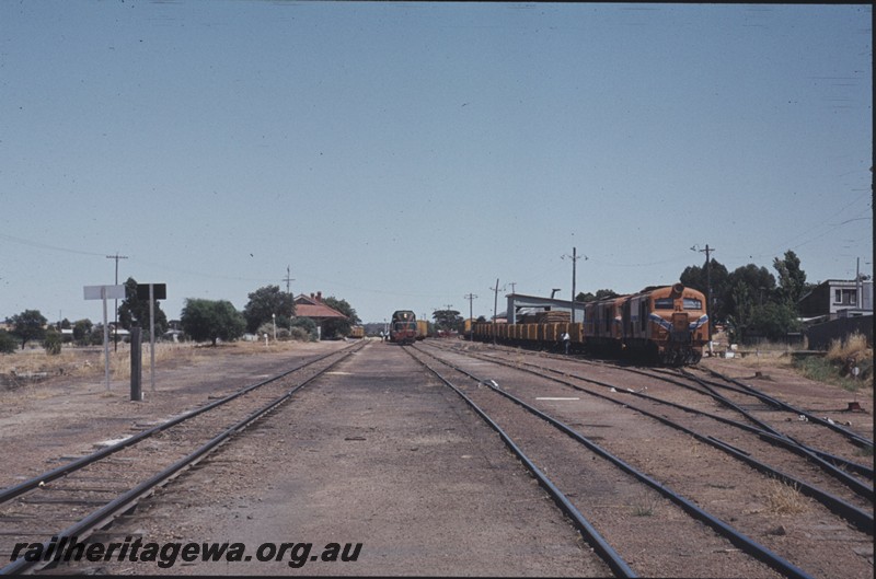 P13454
Yard, east end of Wyalkatchem, GM line, view down the yard shows locos and station buildings
