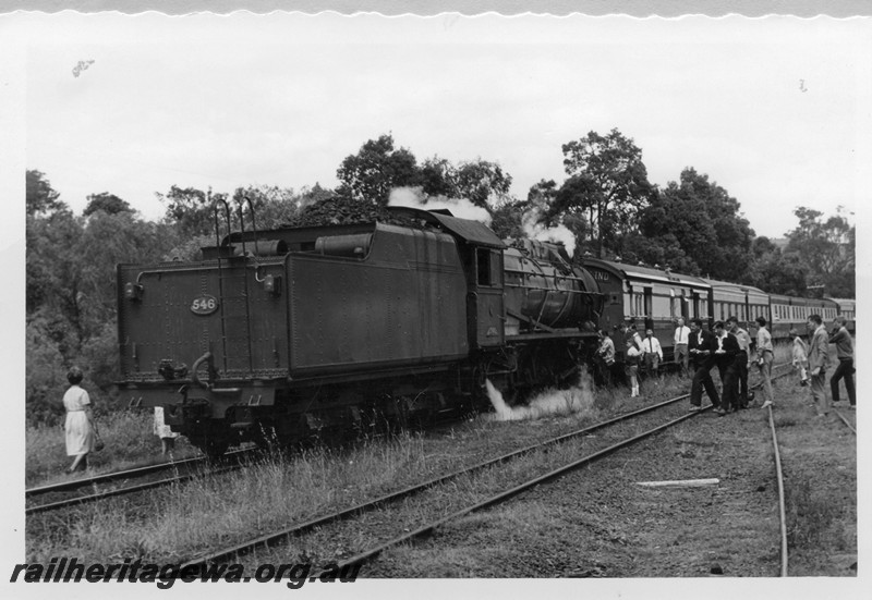 P13480
4 of 4 images of S class 546 on an ARHS tour train to Beela, train in the yard at Beela, BN line, passengers around the train, view shows the rear of the tender. 
