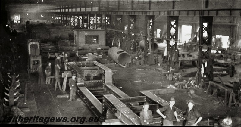 P13546
2 of 6 images of the construction of well wagon QX class 2300, at the Midland Workshops, the wagon was built under the direction of the photographer's father in law Jack Makin, elevated view of the frames of the wagon
