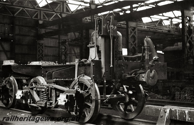 P13547
3 of 6 images of the construction of well wagon QX class 2300, at the Midland Workshops, the wagon was built under the direction of the photographer's father in law Jack Makin, view of the bogies

