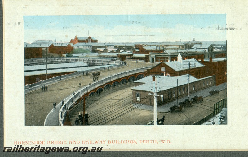 P13567
Horseshoe Bridge and Railway buildings, Perth, before trams tracks over the bridge, coloured postcard

