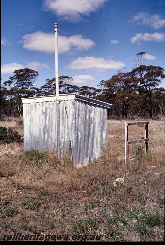 P13843
2 of 7 views of the structures in the station precinct, Kondinin, NKM line, men's toilet, rear and end view
