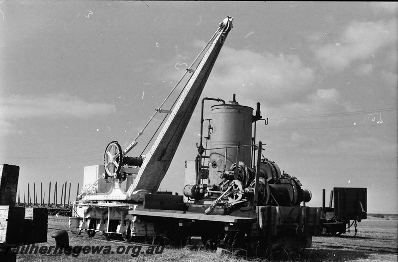P13934
11 of 32 images of the railway and jetty precincts of Busselton, BB line, six wheel Cowans Sheldon hand crane, side and end view, coupled to a steam winch.
