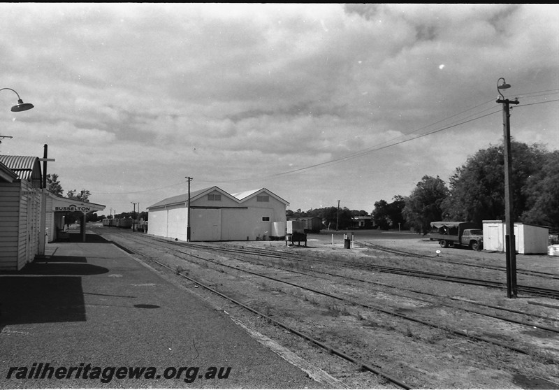 P13938
15 of 32 images of the railway and jetty precincts of Busselton, BB line, station buildings, good shed, yard lights, gangers shed overall view of the yard.
