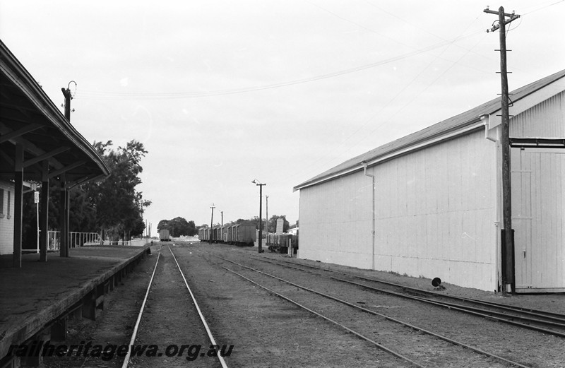 P13944
21 of 32 images of the railway and jetty precincts of Busselton, BB line, station buildings, goods shed, view along the track looking down the yard.
