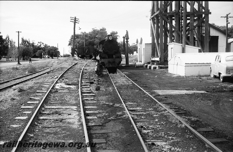 P13951
28 of 32 images of the railway and jetty precincts of Busselton, BB line, W class 921, water column, water tower, loco depot, coaling platform, end on view.

