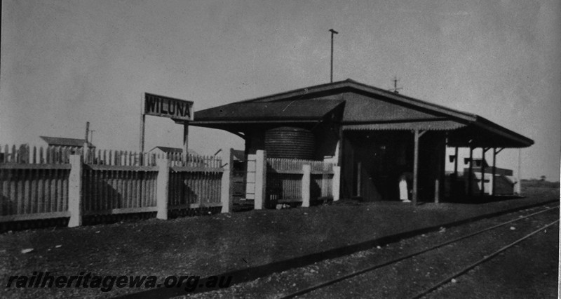 P14117
Station building, nameboard, Wiluna, NR line, at 709 miles from Perth, it was the most distant station from Perth
