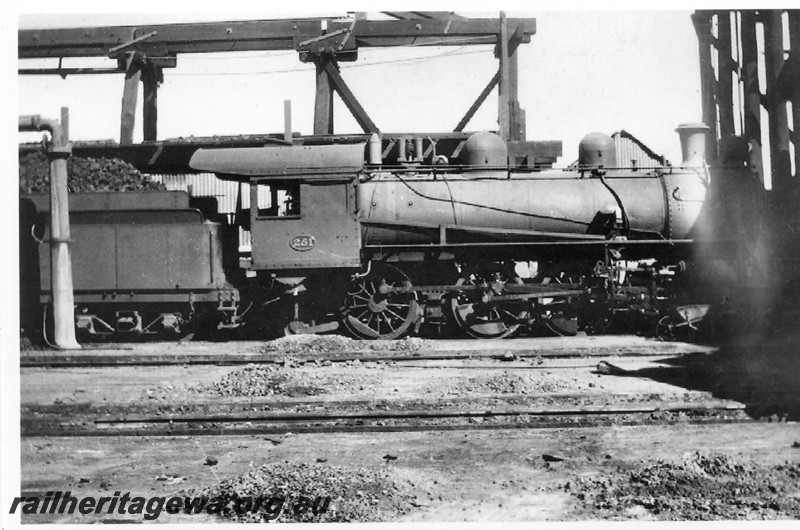 P14248
L class 251, in front of the coal stage, Kalgoorlie Loco depot, EGR line, side view

