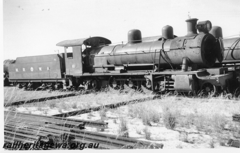 P14249
MRWA A class 2-8-2 loco, Midland, side and front view, stowed out of service.
