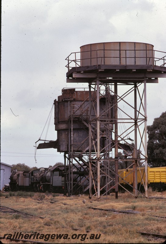 P14338
Coal stage side view, water tower on steel legs, Midland, ER line.
