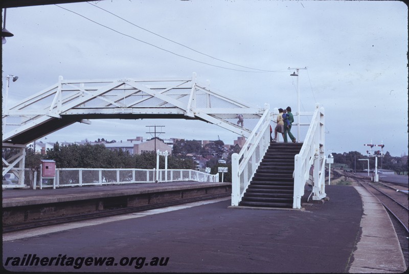 P14382
Footbridge, platform with firehose box, Subiaco station looking west
