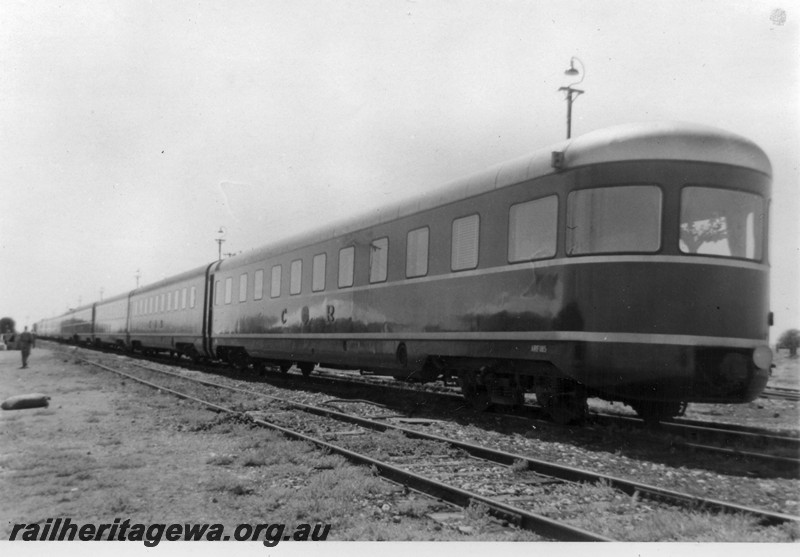 P14463
Commonwealth Railways (CR) ARF class observation carriage with rounded end, side and end view.
