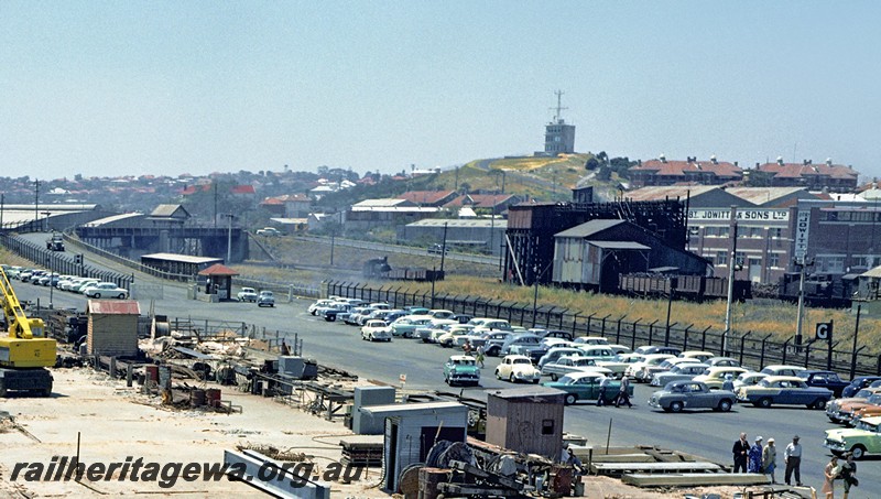 P14467
Loco depot, road overbridge, signal box, Fremantle Harbour, H Berth exit, view looking east.
