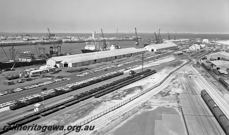 P14472
Harbour, Fremantle, elevated view across the harbour taken from the silos on the North Wharf, shows diesel loco shunting on the tracks servicing the wharf
