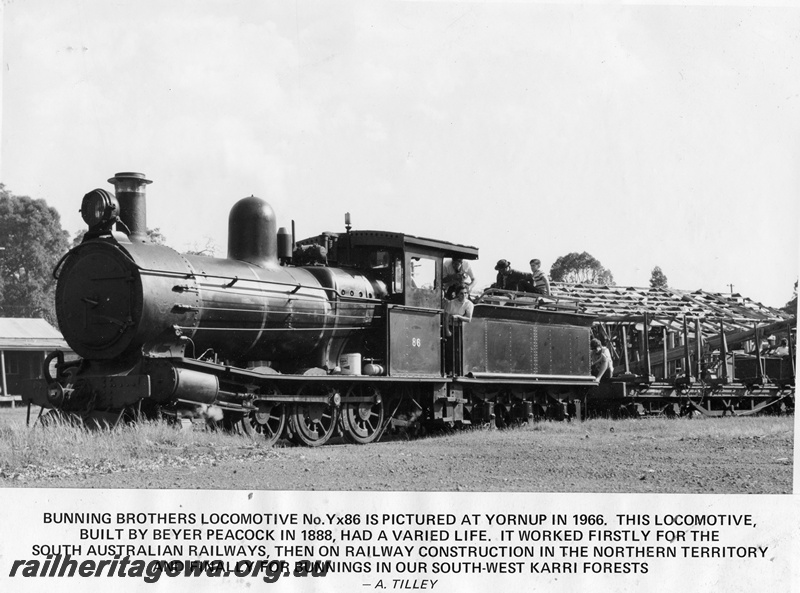 P14868
Bunnings YX class 86 steam locomotive, front and side view, Yornup.
