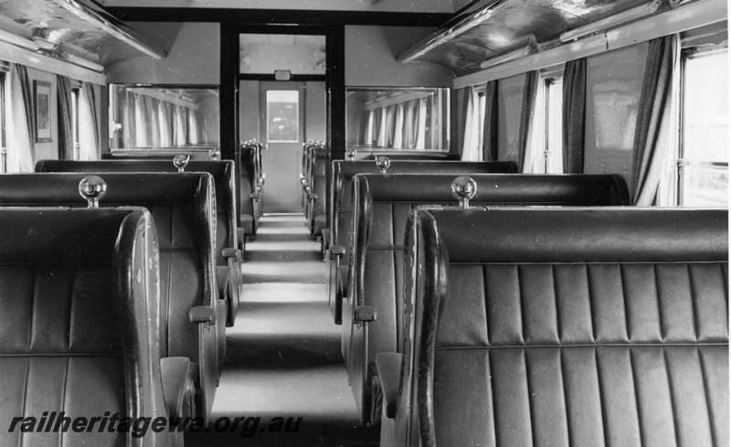 P14980
AYC class saloon carriage, interior view showing window curtains.
