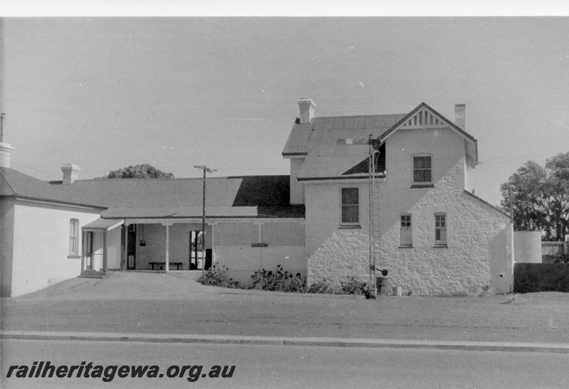 P15179
3 of 8 images of the railway precinct at Walkaway, W line, streetside showing the entrance to the building and the MRWA lattice style signal on display, 
