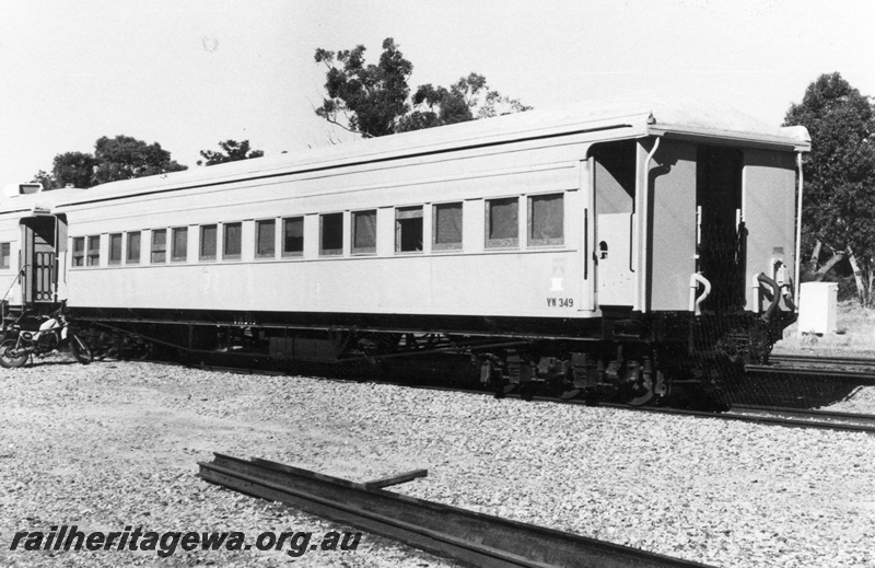 P15436
VW class 349, ex ARS class 349 country carriage with end platforms, yellow livery, side and end view, Mundijong, SWR line 
