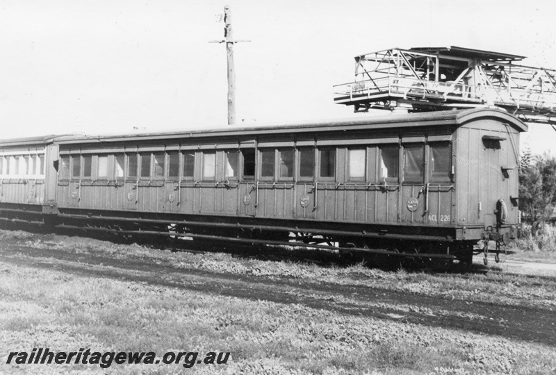 P15442
ACL class 226 country carriage, side and end view, stowed at Midland, coal dam gantry in the background, 
