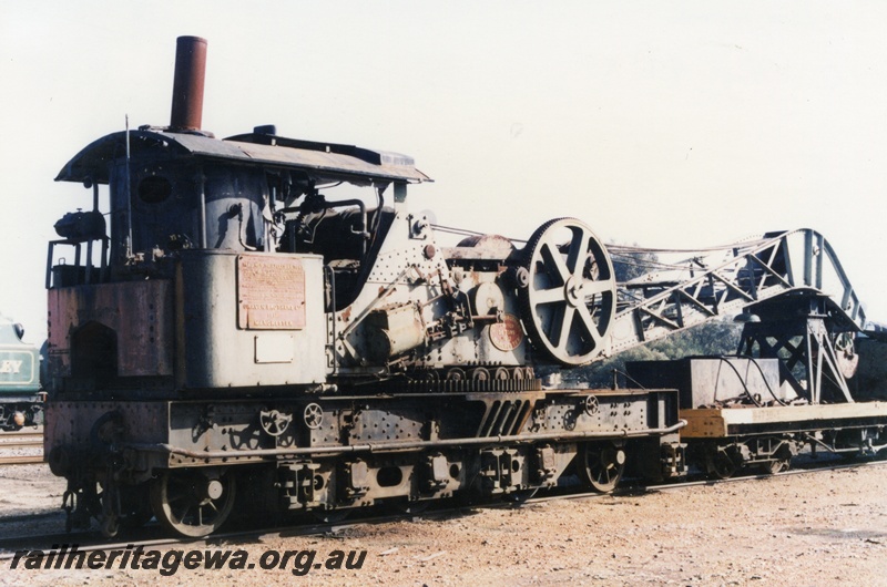 P15534
Cravens 25 ton breakdown crane No. 23 coupled to its match wagon, U class 1730-X in yellow livery, Pinjarra, SWR line, end and side view
