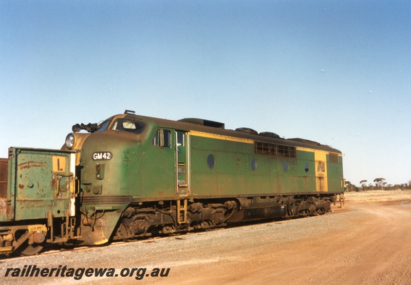 P15579
Australian National GM class 42, green livery with a yellow stripe on the nose and a yellow panel on the side, Parkeston, front and side view

