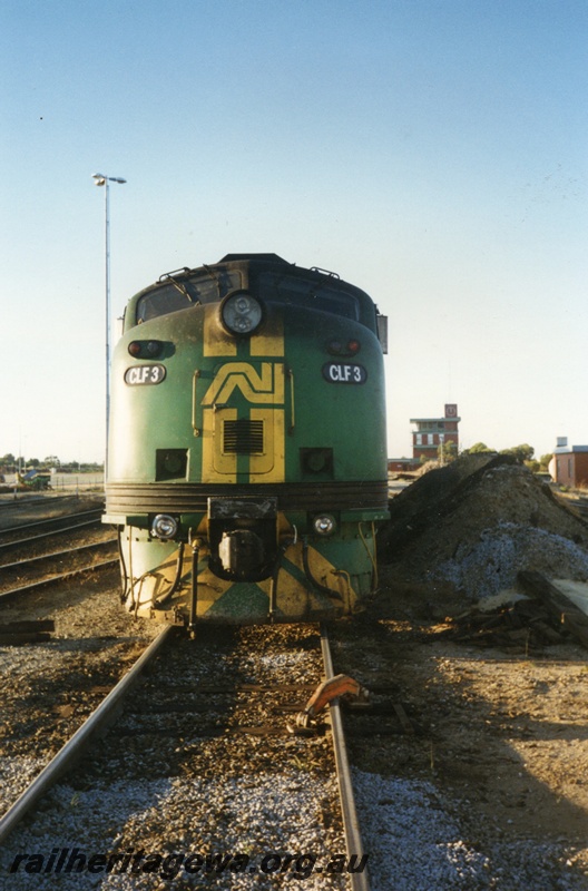 P15586
Australian National CLF class 3 in the green livery with yellow stripes on the nose, Forrestfield Yard, front view
