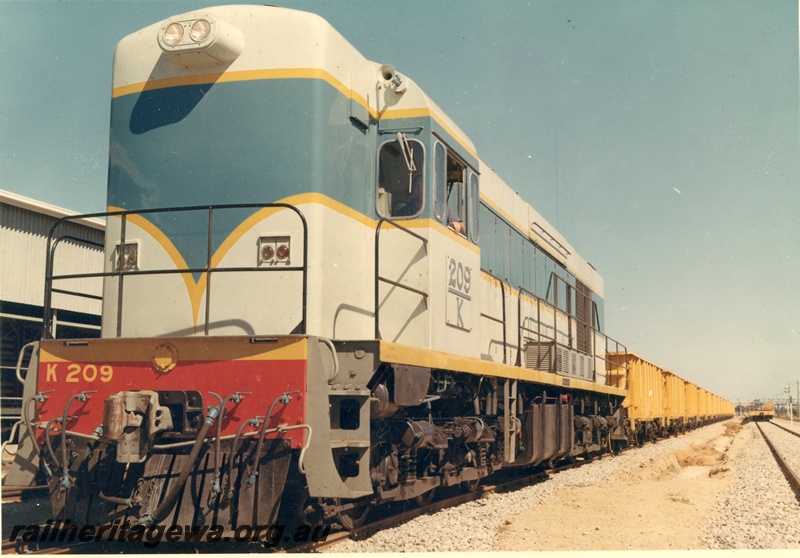 P15875
K class 209, in light blue with dark blue and yellow stripe livery, on freight train of yellow wagons, front and side view
