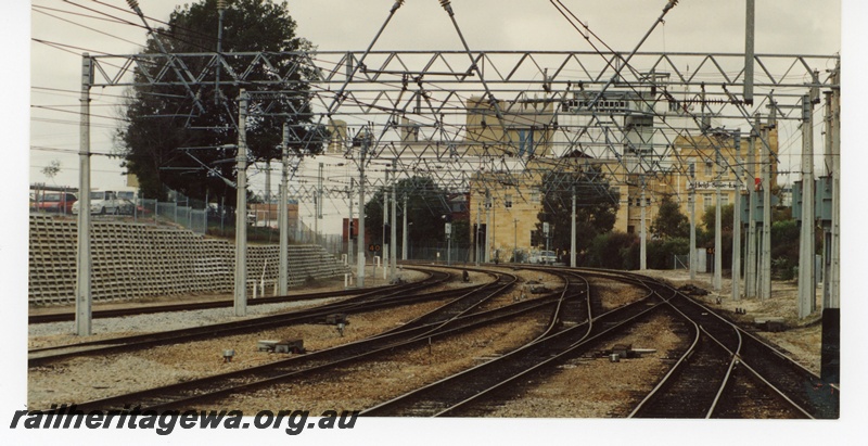 P16271
Trackage at eastern end of City Station depicting dual tracks to Midland and Armadale. Note the overhead gantries for the electric overhead wiring.
