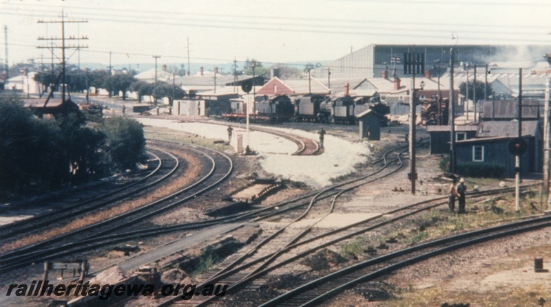 P16320
Temporary steam loco depot, various steam locos, East Perth, ER line, double main line east on left of photo, mainline to Bunbury on the right
