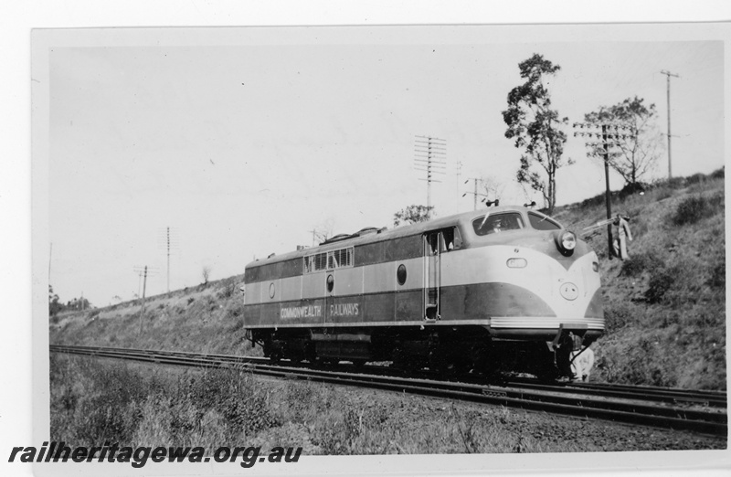 P16865
Commonwealth Railways (CR) GM class 1 diesel electric locomotive on first trial trip from Clyde GM plant at Broadmeadows, NSW. Photo taken at Parramatta Park, NSW.
