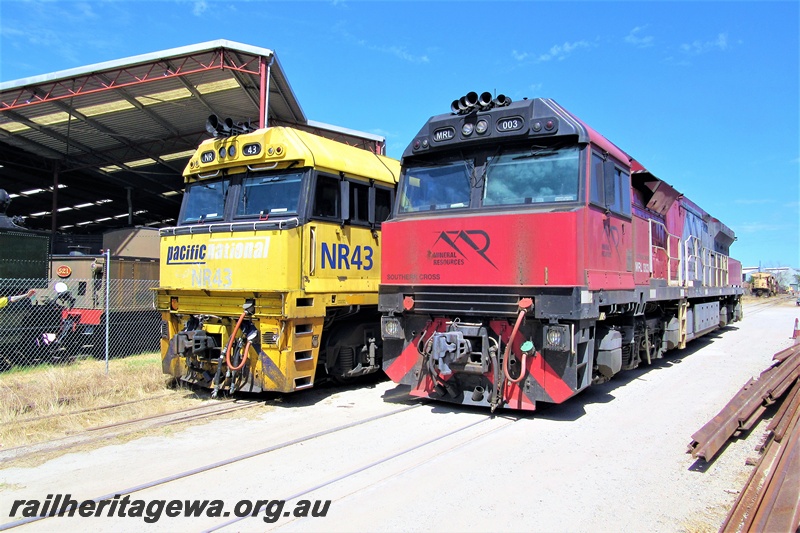 P16896
Pacific National NR class 43 and Mineral Resources Ltd loco MRL class 003 standing side by side at the site of the Rail Transport Museum, Bassendean, front and side view

