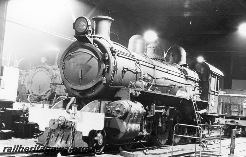P17131
PR class 529, 'Gascoyne' engine portion at East Perth loco sheds. Front & side view. Tender of loco probably in background. ER line.
