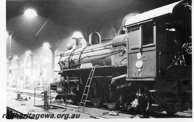P17132
PR class 529, 'Gascoyne' engine portion at East Perth loco sheds. Side view of loco showing part of cab interior and smoky atmosphere of loco shed. ER line.
