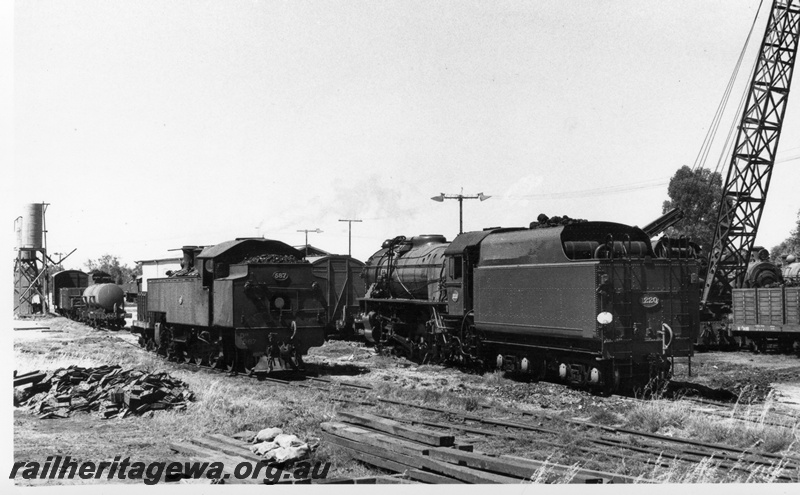 P17148
V class 1220 and DM class 587 locomotives at Midland Loco. Note 'light up' wood pile at left, wagons and coal stage in background and coal crane & M boxes on wagon to right.
