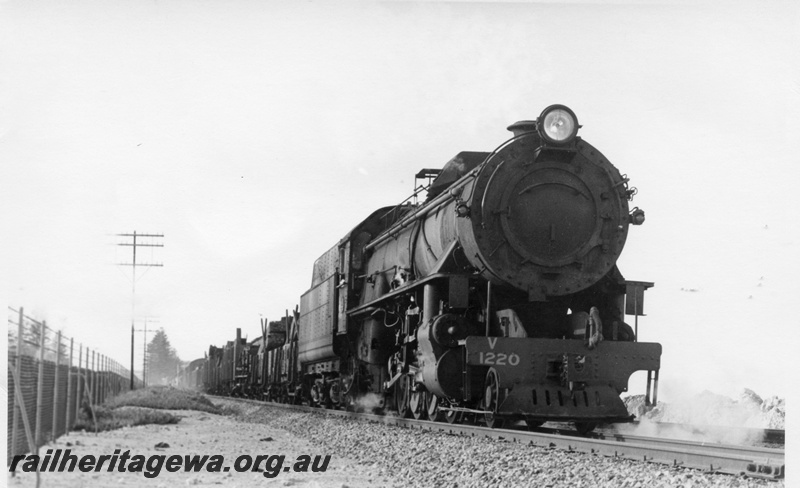 P17171
1 of 3, V class 1220 steam locomotive, side and front view, on the number 56 goods train.
