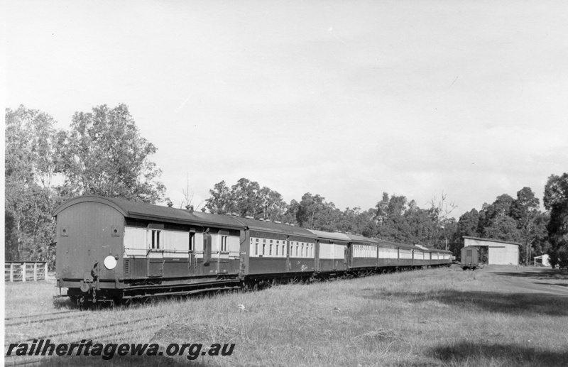 P17547
Rake of carriages comprising tour train, goods shed, Nannup, WN line, rear and side view, ARHS Reso train
