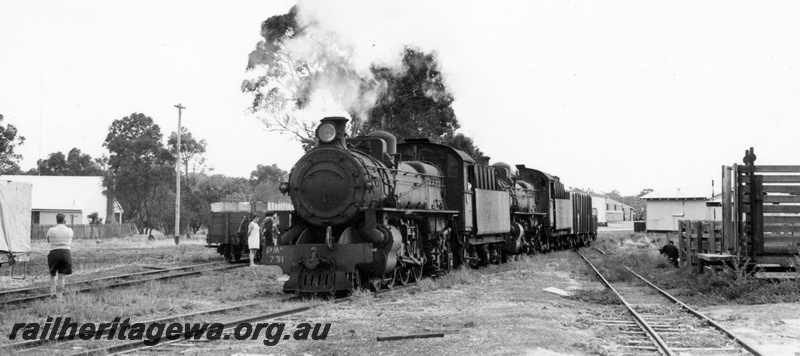 P17559
2 of 6 PMR class 731 and PMR class 730 steam locomotives, front and side view, shunts on the 104 goods train, stockyards, Darkan, BN line.
