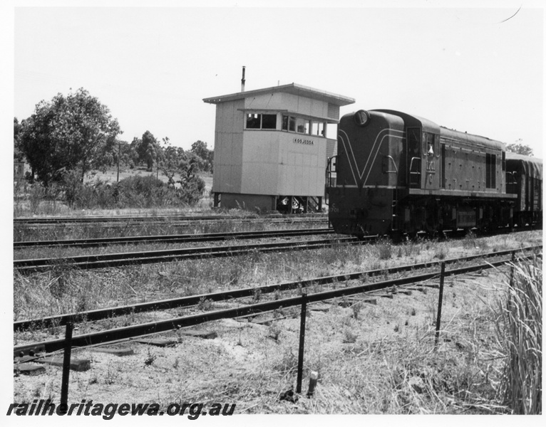 P17598
C class 1701 diesel locomotive hauling a goods train at Koojedda. ER line. Note the signal box at left.
