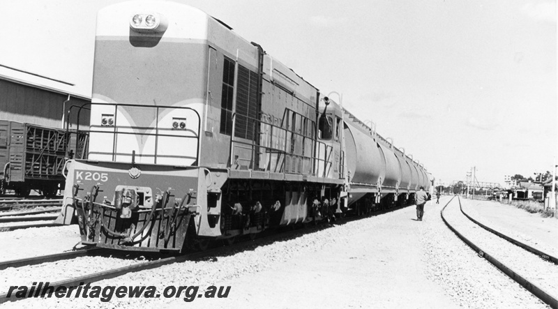 P17847
K class 205 diesel locomotive with a rake of WW class wheat hoppers at Midland. ER line. The trackage is the standard gauge through Midland and was once part of the narrow gauge yard. Adjacent to the locomotive is a CXB sheep wagon at the location used for cleaning these wagons. In the right background is the former Midland Railway Station.
