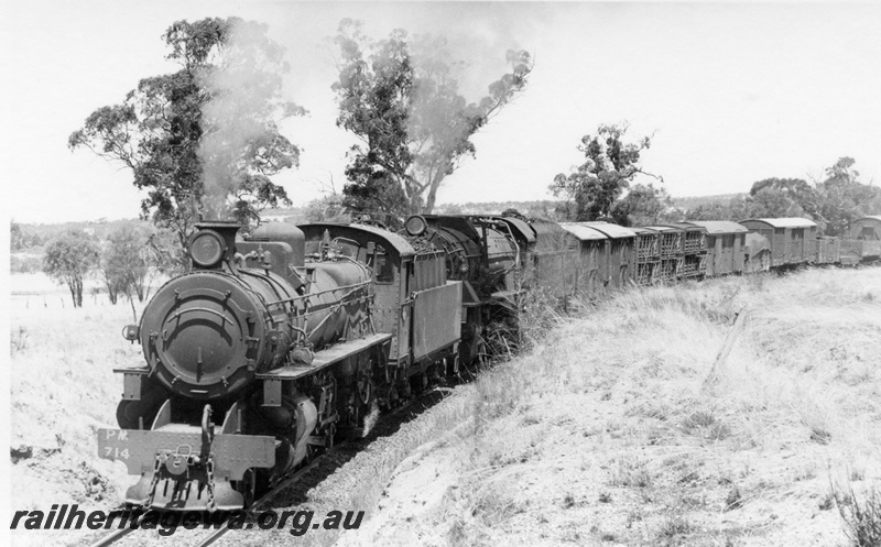 P17852
PM class 714 and V class 1223 steam locomotives at an unidentified location between Narrogin and York with 12 goods. GSR line. Front view of PM class evident. Note narrowness of cutting through which train is travelling.

