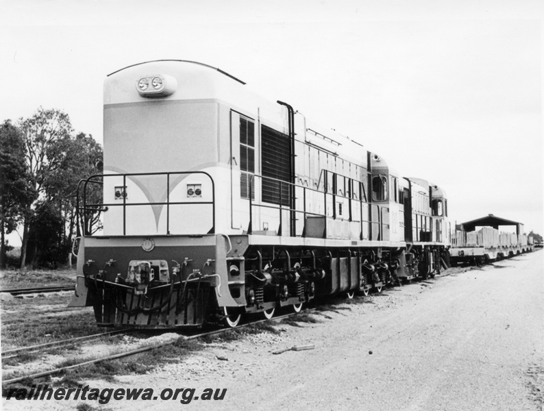 P17871
An unidentified K class and H class standard gauge locomotives at the Millendon standard gauge depot together with a rake of WF empty standard gauge flattop wagons.
