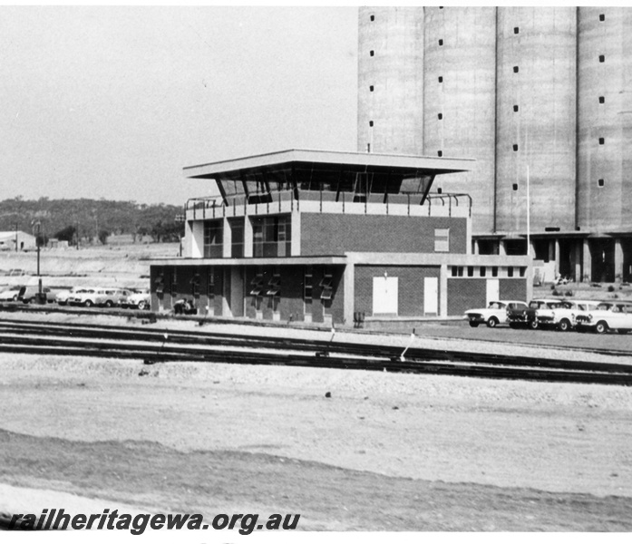 P17935
Yardmaster's's Office and control tower ,  Avon Marshalling Yard, wheat silos, car park, Northam, ER line, c1966
