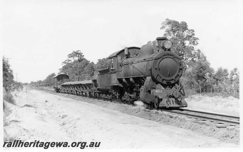 P18191
FS class 452, on ballast train of wagons and van, near Dardanup, PP line, side and front view
