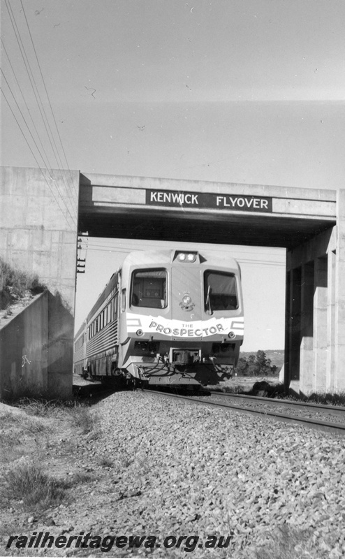 P18218
Prospector diesel railcar, front view, passing under the Kenwick Flyover, on ARHS Tour.
