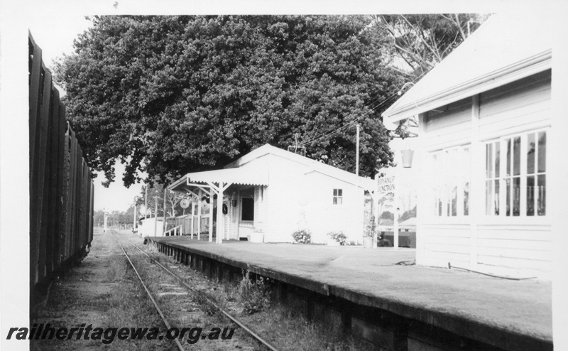 P18244
Platform, station building, signal box, Boyanup Junction, PP line, c1966
