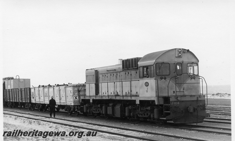 P18247
J class 104, on freight cars, Leighton yard, c1968
