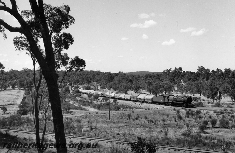 P18250
S class loco on goods train, in rural setting, side and front view, c1968
