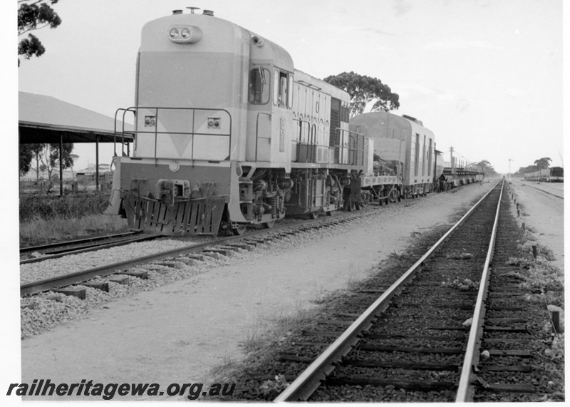 P18356
H class 4, on westbound standard gauge plant train, trackside shed, signal, Kellerberrin, EGR line, waiting for narrow gauge goods train to pass
